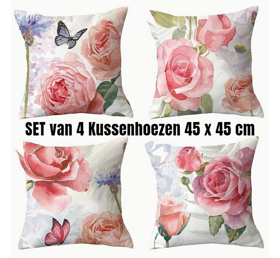 Allernieuwste.nl® SET 4 Stuks Kussens Rode Bloemen - 4x  Kussenhoes 100% Zacht Polyester - Kussenovertrek Frisse Stijl - Kleur 45 x 45 cm - SET 4 Stuks %%