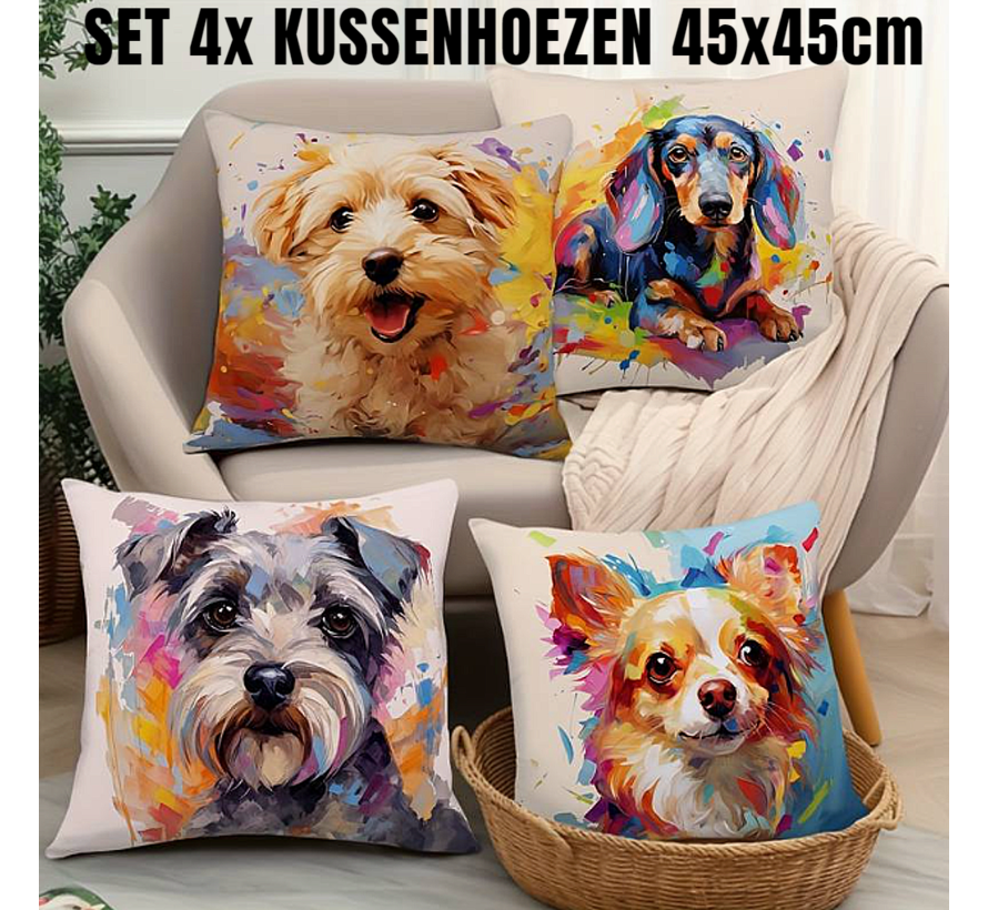 Allernieuwste.nl® SET 4 Stuks Kussens Lieve Puppies - 4x  Kussenhoes 100% Zacht Polyester - Kussenovertrek Honden Puppy - Kleur 45 x 45 cm - SET 4 Stuks %%