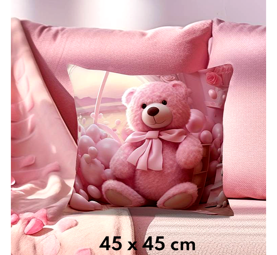 Allernieuwste.nl® Kussen Roze Knuffel Beer - Kinderkamer Kussenhoes Polyester - Kussenovertrek Lieve Roze Beer - Kleur 45 x 45 cm %%