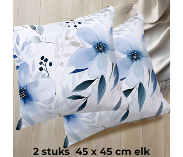 Allernieuwste.nl® 2 Stuks Kussenhoezen Frisse Blauwe Bloemen - 45 x 45 cm