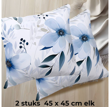 Allernieuwste.nl® 2 Stuks Kussenhoezen Frisse Blauwe Bloemen - 45 x 45 cm