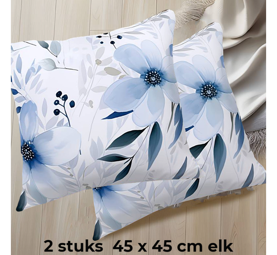 Allernieuwste.nl® 2 Stuks Kussens Frisse Blauwe Bloemen - 2x  Sier Kussenhoes Polyester - Kussenovertrek Natuur - Kleur Blauw 45 x 45 cm - SET 2 Stuks %%