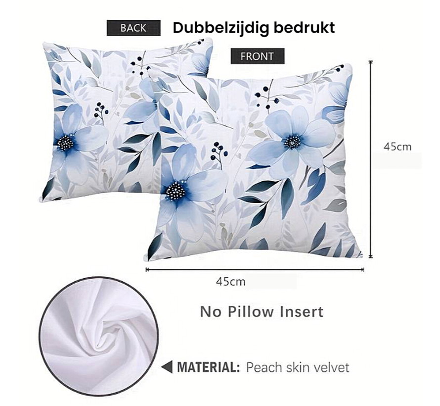 Allernieuwste.nl® 2 Stuks Kussens Frisse Blauwe Bloemen - 2x  Sier Kussenhoes Polyester - Kussenovertrek Natuur - Kleur Blauw 45 x 45 cm - SET 2 Stuks %%