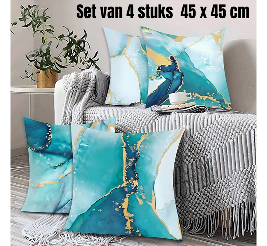 Allernieuwste.nl® SET 4 Stuks Kussens Marmer Patroon Groen - 4x  Kussenhoes 100% Zacht Polyester - Kussenovertrek Marmer - Kleur Goud en Groen 45 x 45 cm - SET 4 Stuks %%