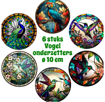 Allernieuwste.nl® 6 Stuks Luxe Ronde Kleurige Vogels Onderzetters voor Glazen - 10 cm