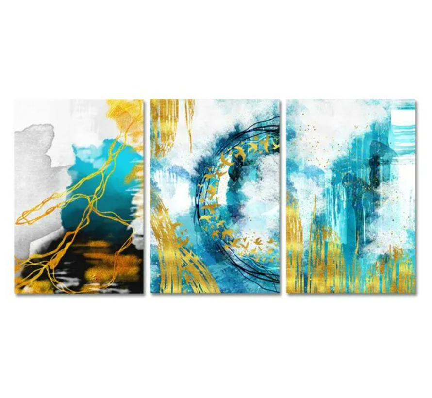 Allernieuwste.nl® Canvas Schilderij 3-luik Abstract Modern Goud-Blauw - Abstracte Kunst - Kunst aan je Muur - 3stuks 60 x 90 cm - Kleur