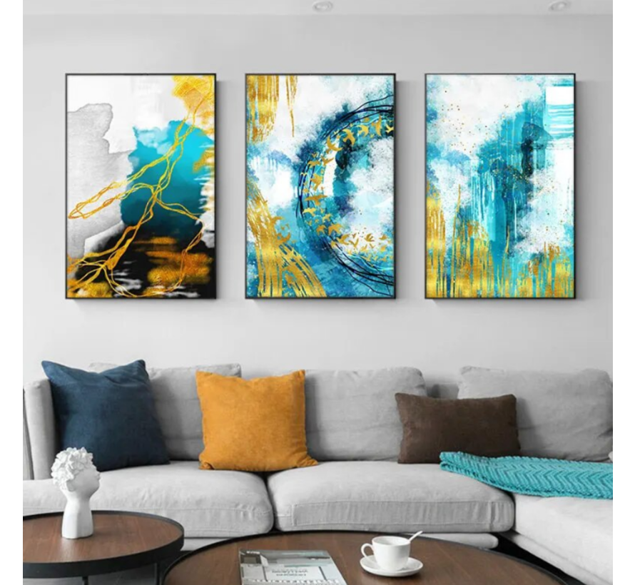 Allernieuwste.nl® Canvas Schilderij 3-luik Abstract Modern Goud-Blauw - Abstracte Kunst - Kunst aan je Muur - 3stuks 60 x 90 cm - Kleur