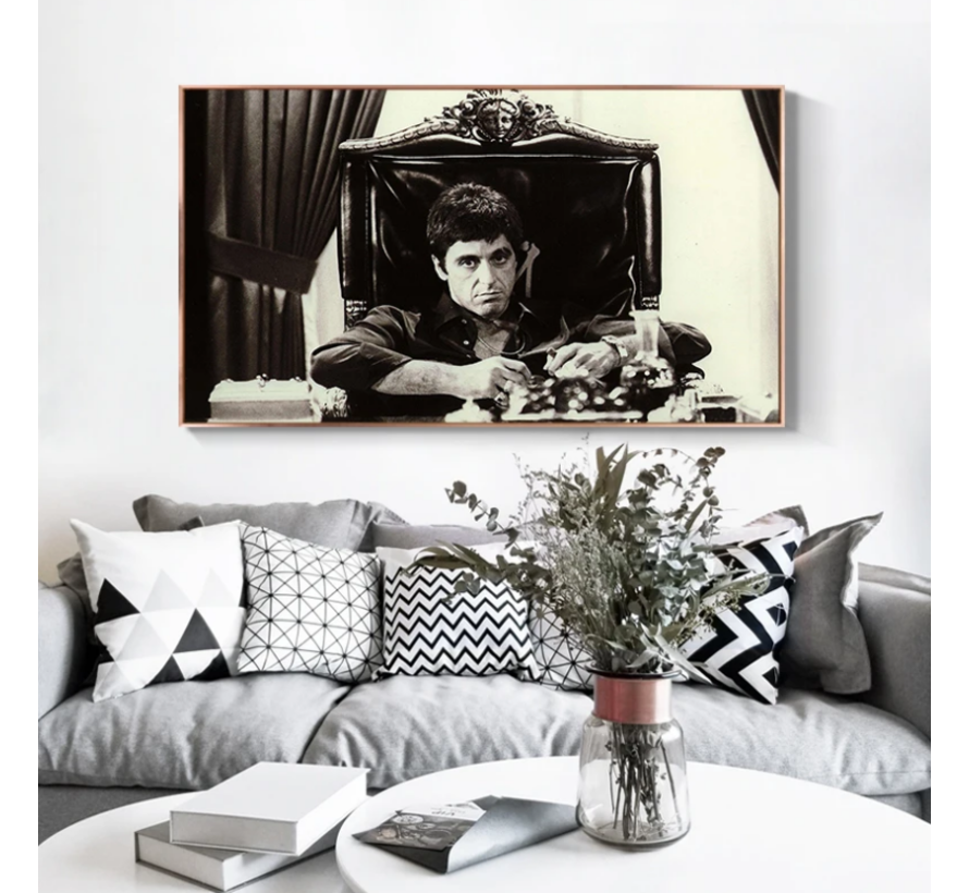 Allernieuwste.nl® Canvas Schilderij Tony Montana Zwart-Wit - Film -  Poster - 60 x 110 cm - Zwart-Wit