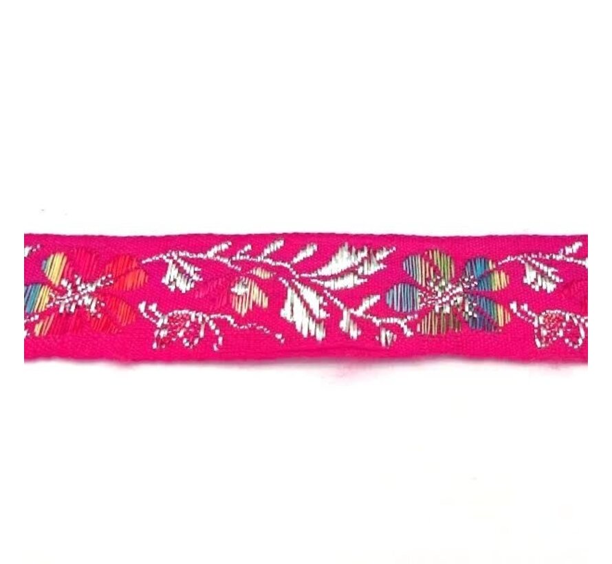 8 meter - GEWEVEN SIERBAND 3.0cm breed -  BLOEMEN PRINT - MULTI/ FUCHSIA -  versieren - knutselen - knutselwerk - naaien - lint - stof - applicatie - afwerkband - home deco