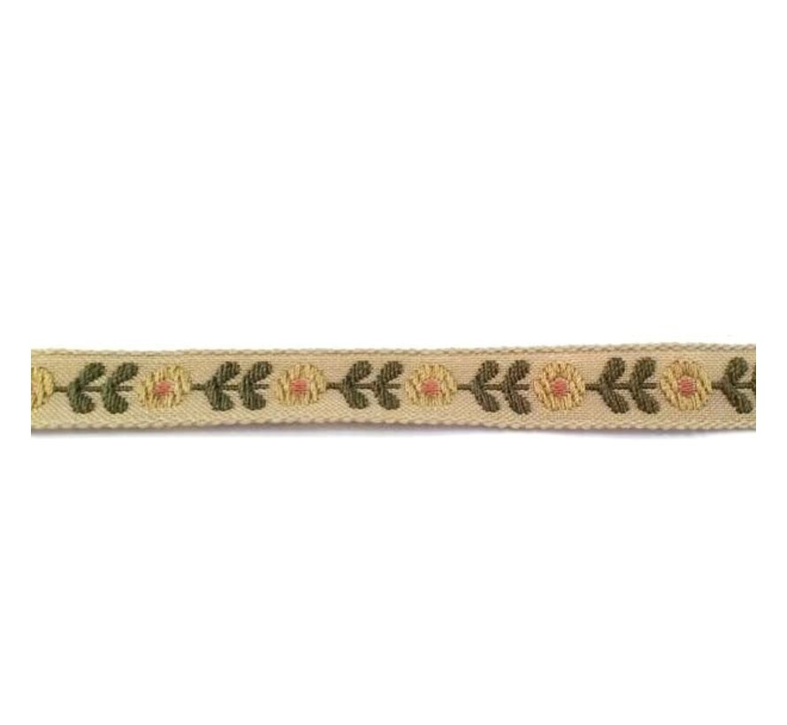 19meter - SIERBAND GEWEVEN BLOEM 1,2cm breed - CREME/GROEN -  versieren - knutselen - knutselwerk - naaien - lint - stof - applicatie - afwerkband - home deco