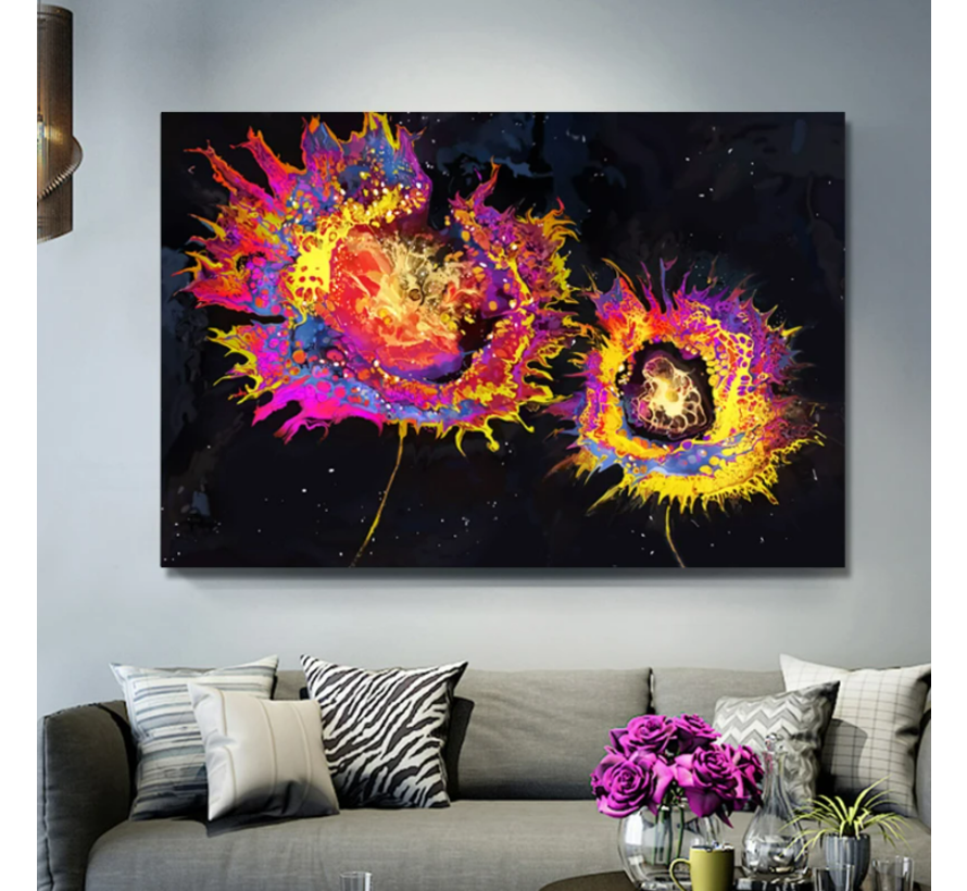 Allernieuwste.nl® Canvas Schilderij Kleur Explosie op Zwarte Achtergrond 1 - Kunst aan je Muur - Woonkamer - 70 x 100 cm - Kleur