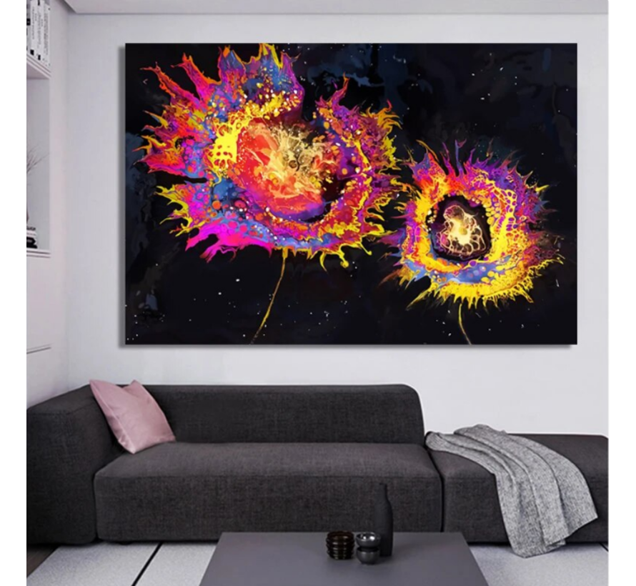 Allernieuwste.nl® Canvas Schilderij Kleur Explosie op Zwarte Achtergrond 1 - Kunst aan je Muur - Woonkamer - 70 x 100 cm - Kleur