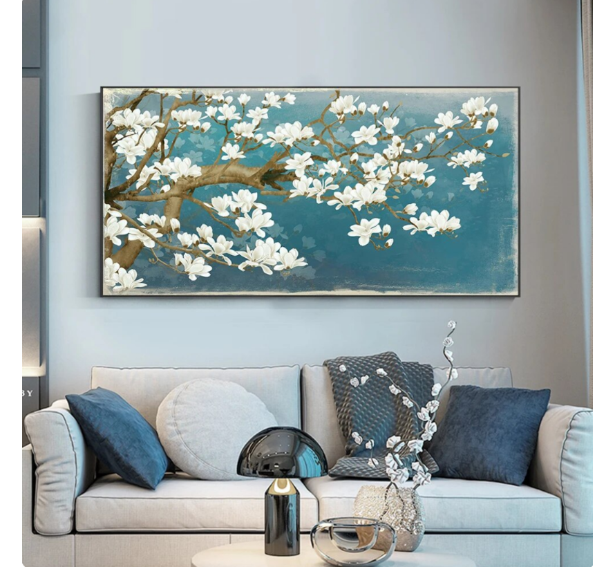 Allernieuwste.nl® Canvas Schilderij Prachtige Witte Bloemen 1 - Woonkamer - Kunst aan je  50 x 100 cm - kleur