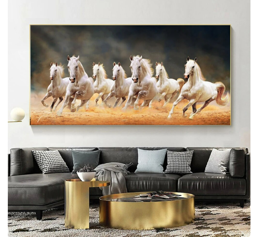 Allernieuwste.nl® Canvas Schilderij 7 Witte Renpaarden - Dierenposters - Kunst aan je Muur - 60 x 100 cm - kleur