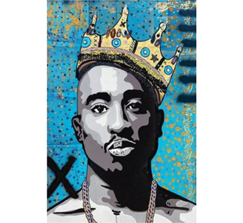 Allernieuwste.nl® Allernieuwste.nl® Canvas Schilderij Rapper Tupac met Gouden Kroon 2 - Rapper - 2Pac - Hip Hop - 60 x 80 cm - Kleur