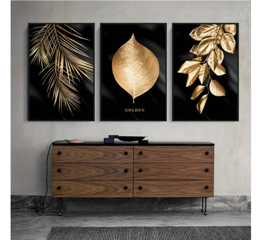 Allernieuwste.nl® Canvas Schilderij SET 3 Stuks Gouden Blad op Zwarte Achtergrond - Modern - 3-delige set - 3x 30x40cm