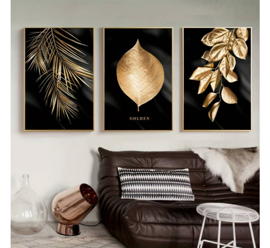 Allernieuwste.nl® Canvas Schilderij SET 3 Stuks Gouden Blad op Zwarte Achtergrond - Modern - 3-delige set - 3x 30x40cm