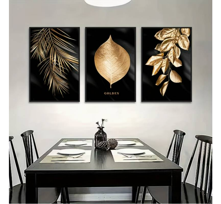 Allernieuwste.nl® Canvas Schilderij SET 3 Stuks Gouden Blad op Zwarte Achtergrond - Modern - 3-delige set - 3x 30x40cm