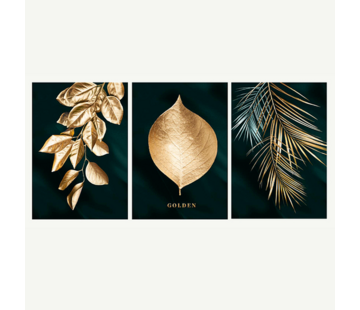 Allernieuwste.nl® Canvas Schilderij 3-luik Gouden Blad op Zwarte Achtergrond - 40 x 50 cm