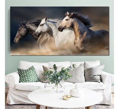 Allernieuwste.nl® Allernieuwste.nl® Canvas Schilderij 3 Galopperende Paarden - Kunst aan je Muur - Grafitti - Kleur - 80 x 160 cm