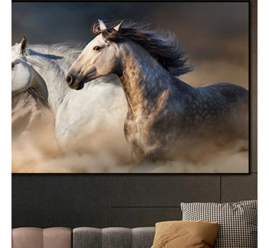 Allernieuwste.nl® Canvas Schilderij 3 Galopperende Paarden - Kunst aan je Muur - Grafitti - Kleur - 80 x 160 cm