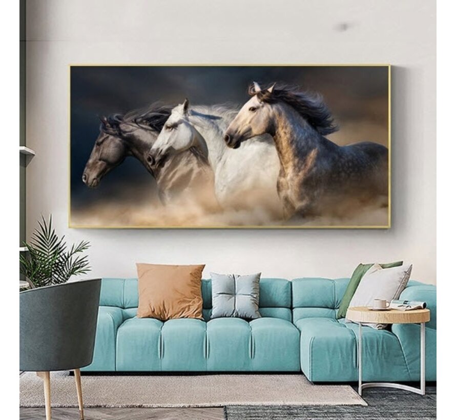 Allernieuwste.nl® Canvas Schilderij 3 Galopperende Paarden - Kunst aan je Muur - Grafitti - Kleur - 80 x 160 cm