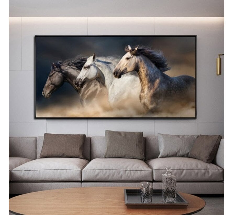 Allernieuwste.nl® Canvas Schilderij 3 Galopperende Paarden - Kunst aan je Muur - Grafitti - Kleur - 80 x 160 cm