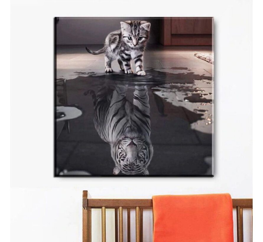 Allernieuwste.nl® Canvas Schilderij Kitten, Later als ik Groot ben! - Kunst aan je Muur - Kattenposter - zwart-wit - 70 x 70 cm