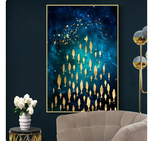 Allernieuwste.nl® Allernieuwste.nl® Canvas Schilderij Gouden Vissen - Onderwaterleven - Modern - 50 x 70 cm - Blauw/Goud