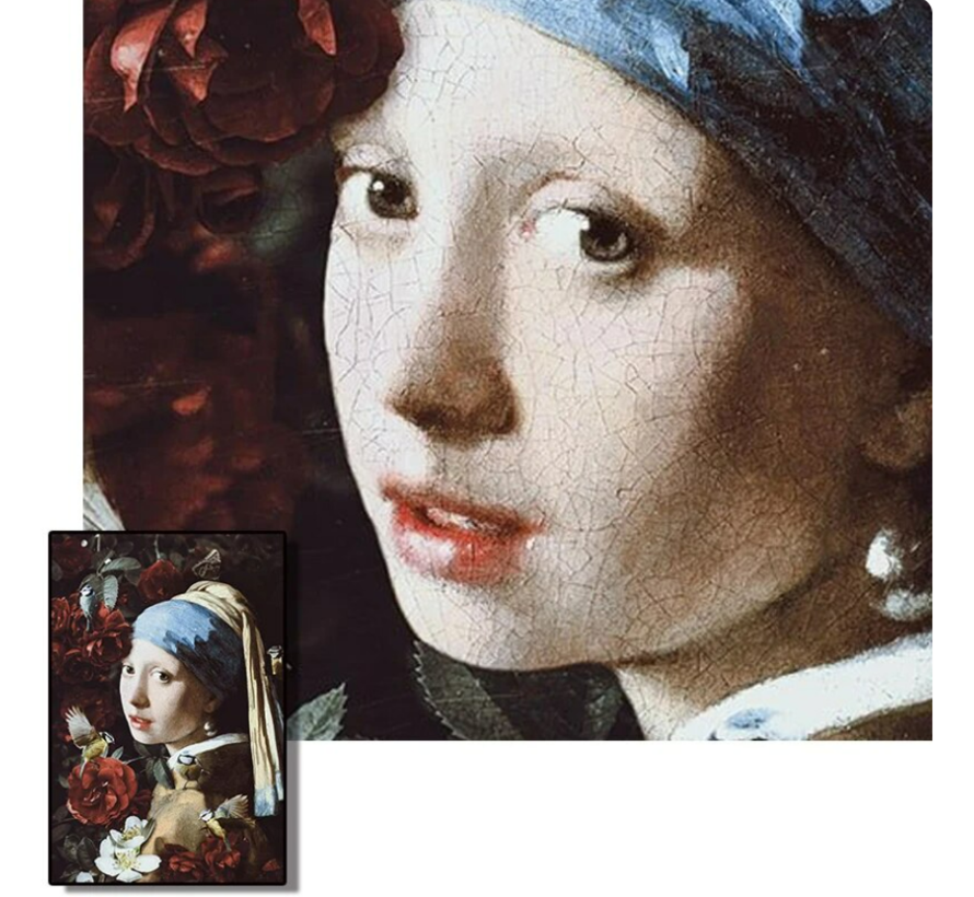Allernieuwste.nl® Canvas Schilderij Meisje met de Parel en Bloemen - Johannes Vermeer - Kleur - 60 x 90 cm