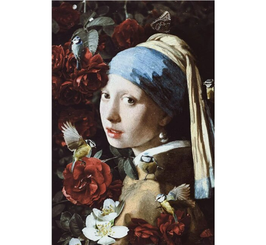 Allernieuwste.nl® Canvas Schilderij Meisje met de Parel en Bloemen - Johannes Vermeer - Kleur - 60 x 90 cm