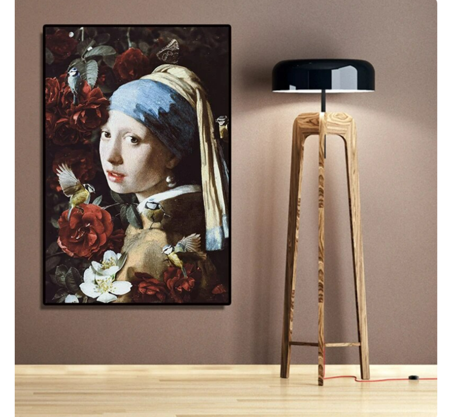 Allernieuwste.nl® Canvas Schilderij Meisje met de Parel en Bloemen - Johannes Vermeer - Kleur - 60 x 90 cm