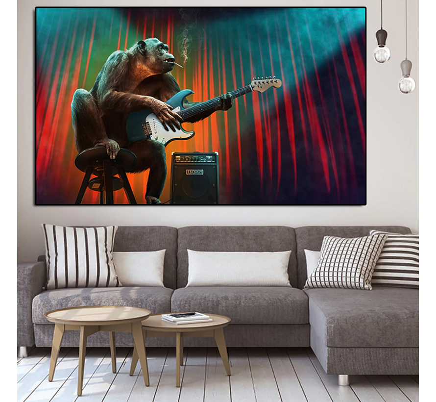 Allernieuwste.nl® Canvas Schilderij Blues Aap Rock and Roll - Woonkamer - Poster -60 x 120 cm - Kleur