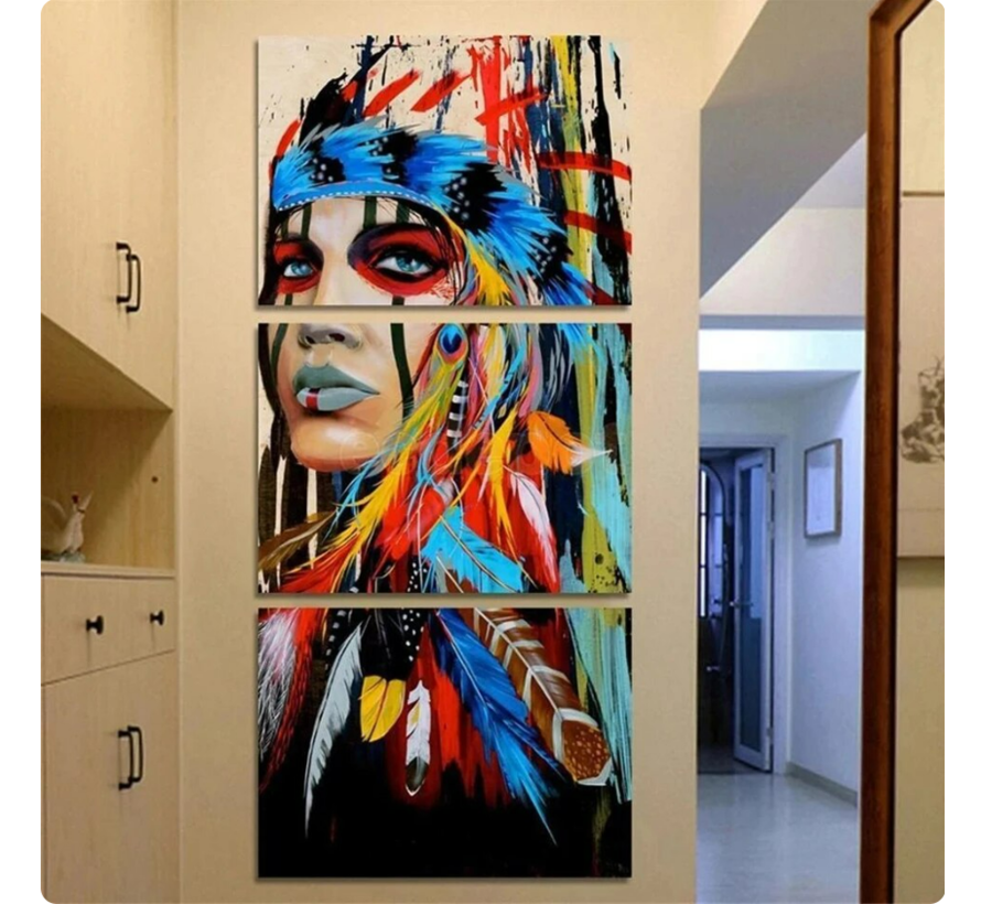 Allernieuwste.nl® Canvas Schilderij 3-luik Grafitti Indiaans Meisje - Woonkamer - Poster - Graffiti - 3st 60 x 120 cm - Kleur