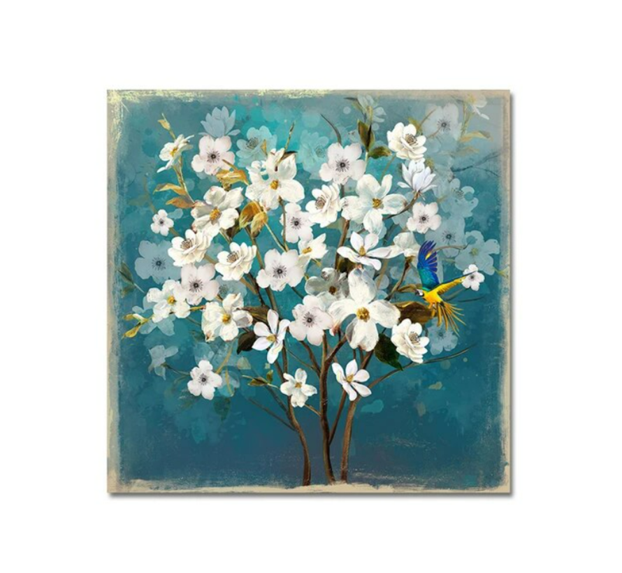 Allernieuwste.nl® Canvas Schilderij Bloemen Met Vogel - Woonkamer - Home Decoratie - 40 x 40 cm - kleur
