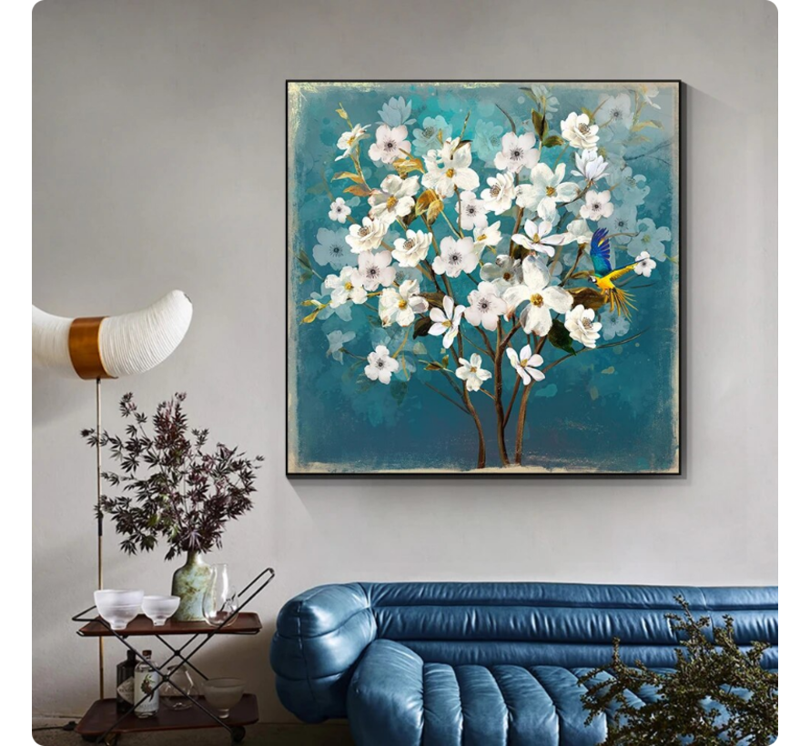 Allernieuwste.nl® Canvas Schilderij Bloemen Met Vogel - Woonkamer - Home Decoratie - 40 x 40 cm - kleur