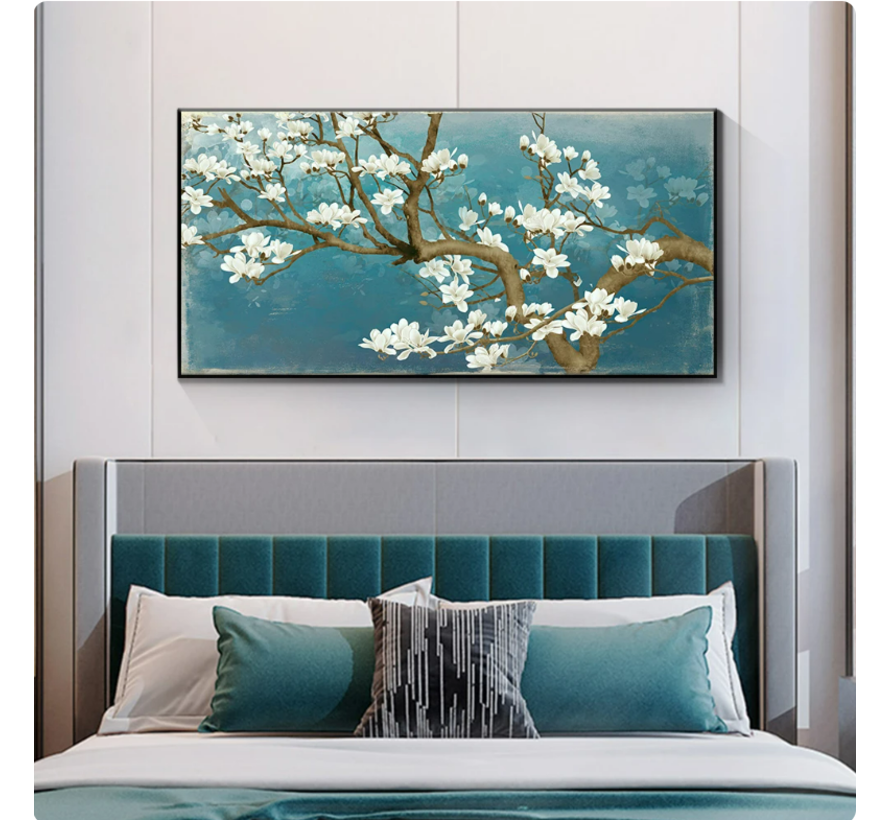 Allernieuwste.nl® Canvas Schilderij Prachtige Witte Bloemen 3 - Woonkamer - Kunst aan je  50 x 100 cm - kleur