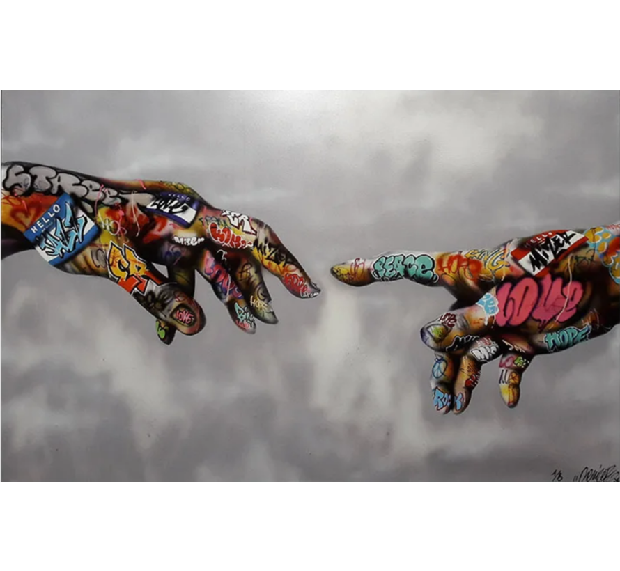 Allernieuwste.nl® Canvas Schilderij Graffiti Handen Vinger - Graffiti Art - Street Art - 60 x 90 cm - kleur