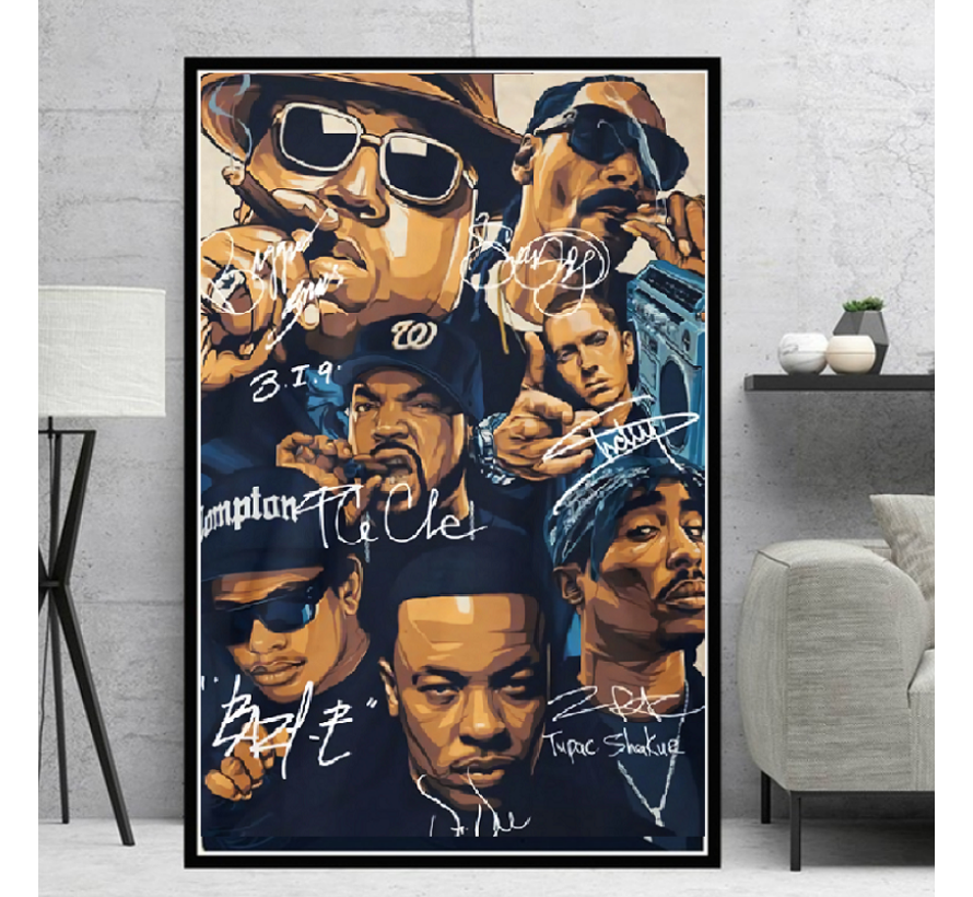 Allernieuwste.nl® Canvas Schilderij Hip Hop Legends 2PAC, Dr Dre, Snoop Dogg, Emenim, Biggie, Tupac, Ice Cube - met handtekeningen - Muziek old school - Poster - 50 x 70 cm - Kleur