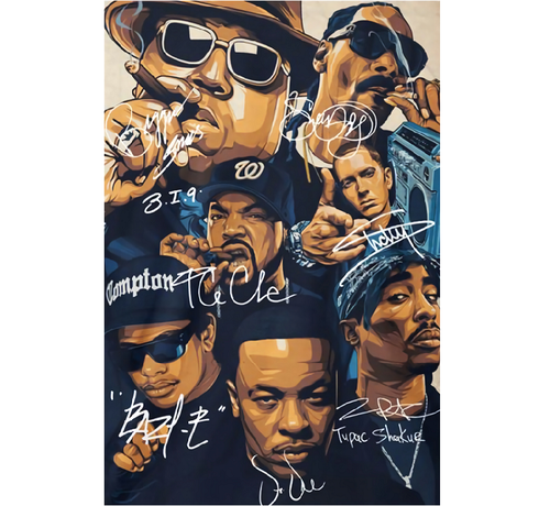 Allernieuwste.nl® Allernieuwste.nl® Canvas Schilderij Hip Hop Legends 2PAC, Dr Dre, Snoop Dogg, Emenim, Biggie, Tupac, Ice Cube - met handtekeningen - Muziek old school - Poster - 50 x 70 cm - Kleur