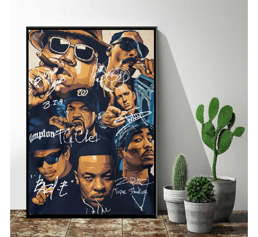 Allernieuwste.nl® Canvas Schilderij Hip Hop Legends 2PAC, Dr Dre, Snoop Dogg, Emenim, Biggie, Tupac, Ice Cube - met handtekeningen - Muziek old school - Poster - 70 x 100 cm - Kleur