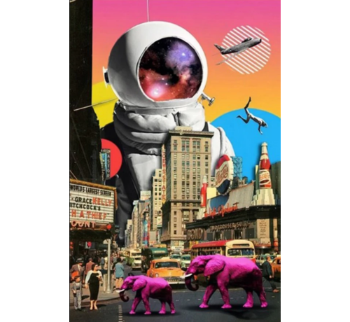 Allernieuwste.nl® Allernieuwste.nl® Canvas Schilderij Astronaut en Paarse Olifanten in de Stad - Spaceman - Surrealisme - Woonkamer - Slaapkamer - 70 x 100 cm - kleur