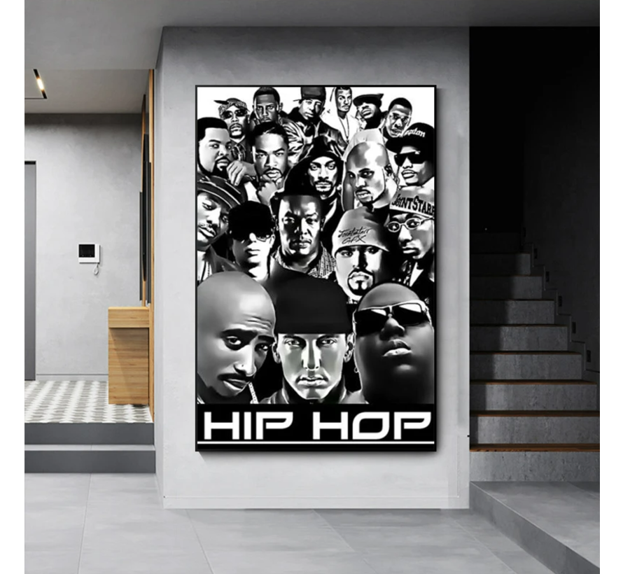 Allernieuwste.nl® Canvas Schilderij Zwart/Wit Hip Hop Legends 2PAC, Dr Dre, Snoop Dogg, Emenim, Biggie, Tupac, Ice Cube - Muziek old school - Poster - 70 x 100 cm - Zwart/Wit