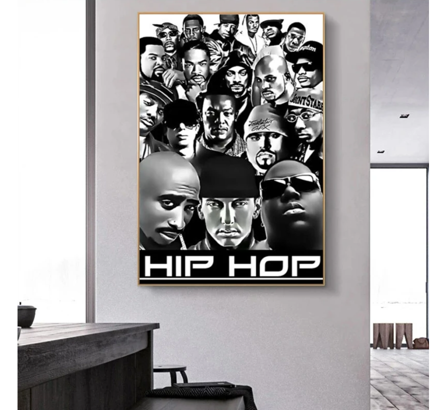 Allernieuwste.nl® Canvas Schilderij Zwart/Wit Hip Hop Legends 2PAC, Dr Dre, Snoop Dogg, Emenim, Biggie, Tupac, Ice Cube - Muziek old school - Poster - 50 x 70 cm - Zwart/Wit