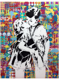 Allernieuwste.nl® Canvas Schilderij Banksy Graffiti Art Kussende Jongen En Meisje - 50 x 70 cm