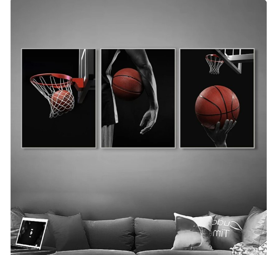 Allernieuwste.nl® Canvas Schilderij 3-luik Basketbal Motivatie - Sport - Kunst aan je Muur - 3st 50 x 70 cm - Zwart/Wit