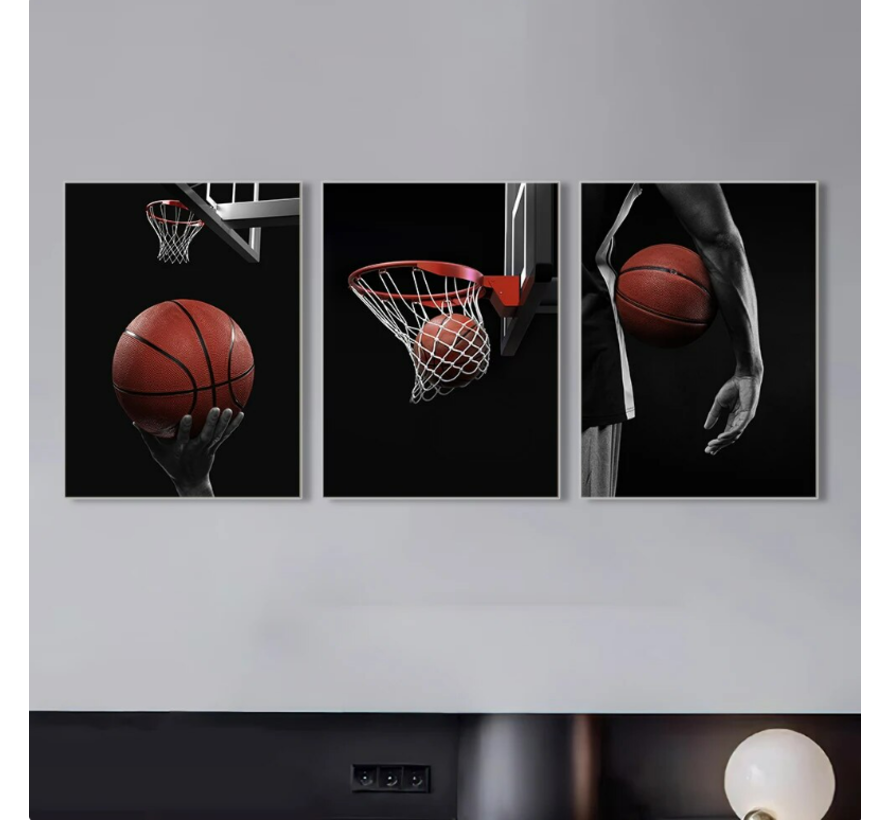 Allernieuwste.nl® Canvas Schilderij 3-luik Basketbal Motivatie - Sport - Kunst aan je Muur - 3st 50 x 70 cm - Zwart/Wit