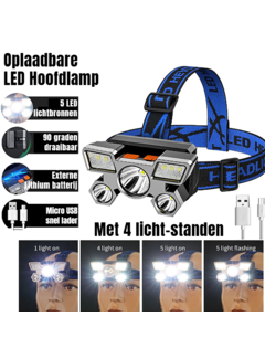 Allernieuwste.nl® Krachtige LED Hoofdlamp - USB Oplaadbaar Waterdicht - 5 LED's en 4 Programma's