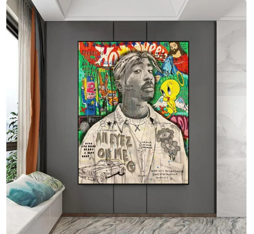 Allernieuwste.nl® Canvas Schilderij Graffiti Tupac - 2Pac - Rapper - Hip Hop - 50 x 70 cm - Kleur