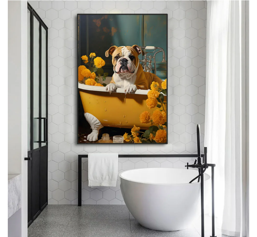 Allernieuwste.nl® Canvas Schilderij Grappige Hond in Badkuip - Humor - Kunst aan je muur - Badkamer - 50 x 70 cm - kleur